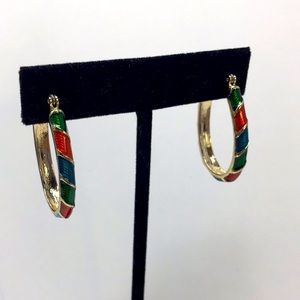 Hoop earrings red, blue, green pierced gold tone